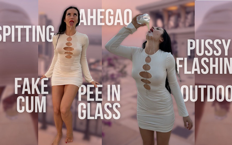 Outdoor Pussy Flashing, Pee in the Glass, Spit, Ahegao, Fake Cum on My Tits & Body (Princess Monica)