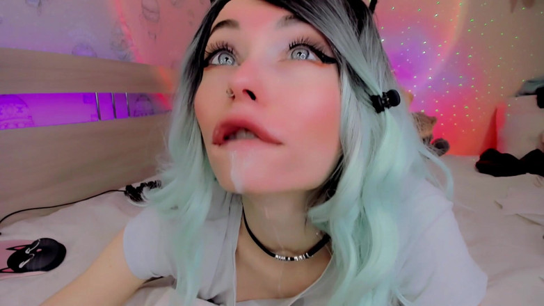 Dirty slut 666: Blue-haired Slut Gets Milk on Her Ahegao Face