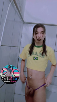 Carlazinha the Belly Button Pierced Whore Pulls Her Purple Panties to the Side and Shows Her Wet Cock