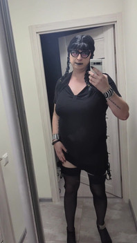 Sissy in Chastity Dances in Stockings & Heels with Big Fake Tits - Wednesday Addams Cosplay