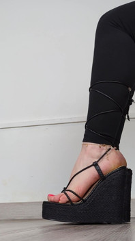 (663) Shoe Collection: Lace up Black Wedge Sandals - Dame Olga