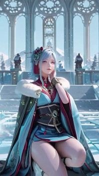 Ice Throne! Silver-haired Mage in Red-green Gown Kneeling, Blue-haired Partner Teasing in Snowy Realm!