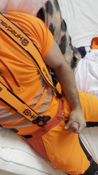 Lumberjack in Hivis Jerks His Huge Cock and Muscle Worship