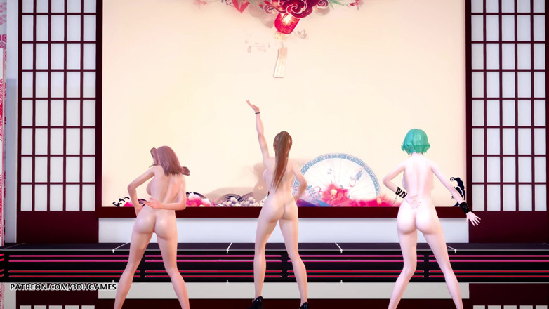 3D-Hentai Games: Maskeli kaltak seksi çıplak dans honoka, katsumi, tamaki. Doa ateşli dans