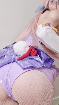 Tender Sangonomiya Kokomi with Bunny Ears and Latex Bodysuit Teases with Her Cute Ass in Fishnets