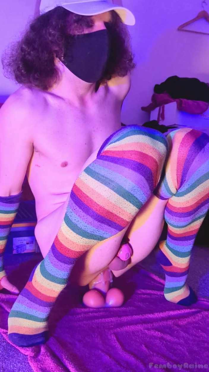 Rainbow Femboy: Cute Locked Femboy Raine Bouncing on Thier Favourite Xl Toys