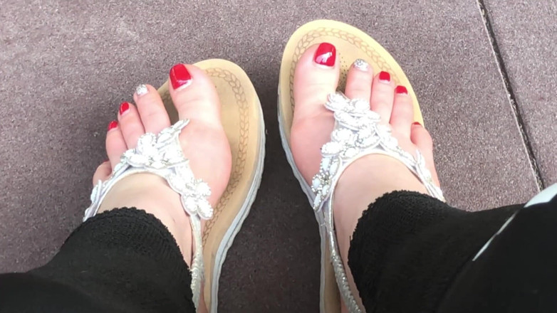 Goddess Misha Goldy: Sandals teasing outdoor with red toenails &amp; toes wiggling