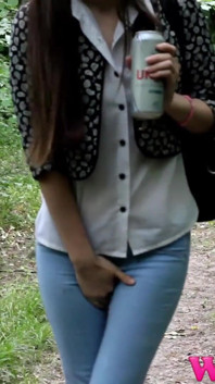 Skinny Brunette Full Bladder Pee Desperation and Pushing Her Pussy to Stop Her Pee in the Forest