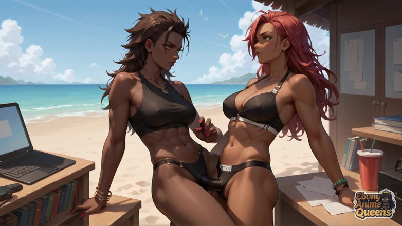 Ebony Anime Queens: Quatro Rainhas Negras. 1 praia. Sexo oral, sexo a três. Puta...