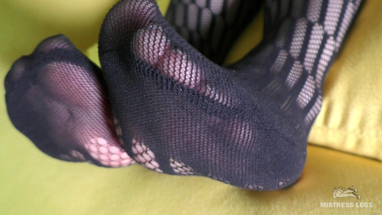 Mistress Legs: Toes wiggling in black mesh bodysuit