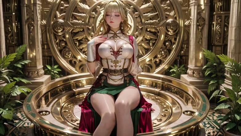 Seraphina Vale: Blondă Regina Îngerului! Sacred Îngenunchează într-o mare catedrală, Roba verde abia ascunde curbele...