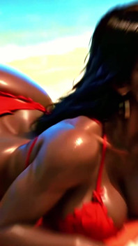 4K, 100 % ai, 3D, boucle douce, pmv : gros cul à la peau foncée, doux twerk sur une plage tropicale en bikinis sexy