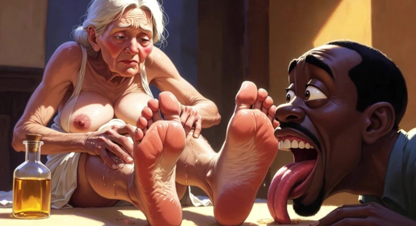Anime Hentai: Ibadah kaki nenek tua - lelaki menjilat tapak kaki berkedut berminyak