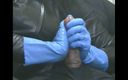 The flying milk wife handjob: Smoking wife in blue rubber gloves handjob 3
