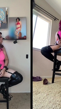 Sissy in Chastity Rubs Her Locked Clit with Dildos and Toys