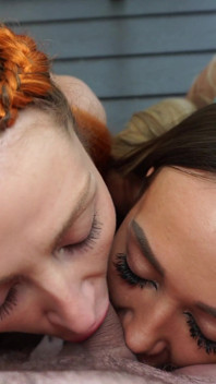 Naked Lelya Mult & Lera Murr Give Passionate Double Blowjob to Mr. Murkovski on the Balcony