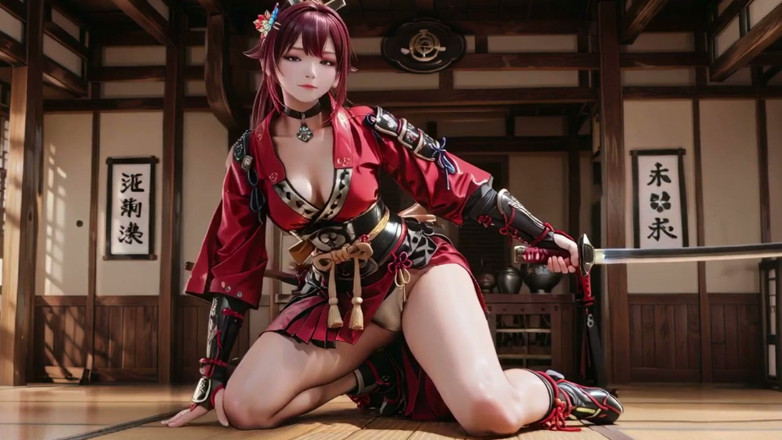 Seraphina Vale: Crimson Samurai! นักรบผมแดงคุกเข่าท่ามกลางแสงแดด