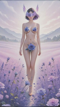 Nackte Muse unter Lavendel-rosenblüten