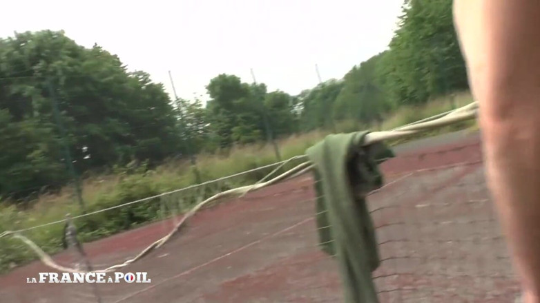 Rue Chaude: Young flasher gets threesome screwed on a tennis court