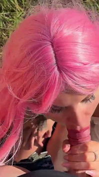 POV Camera. Sunny Outdoor Blowjob, Cum in Mouth, Sexy Barbie, Big Lips, Big Tits, Tattoo Girl