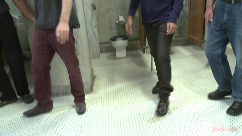 Bound in public: Pissed off Janitor Fucked in Bondage by Horny Bathroom Cruisers