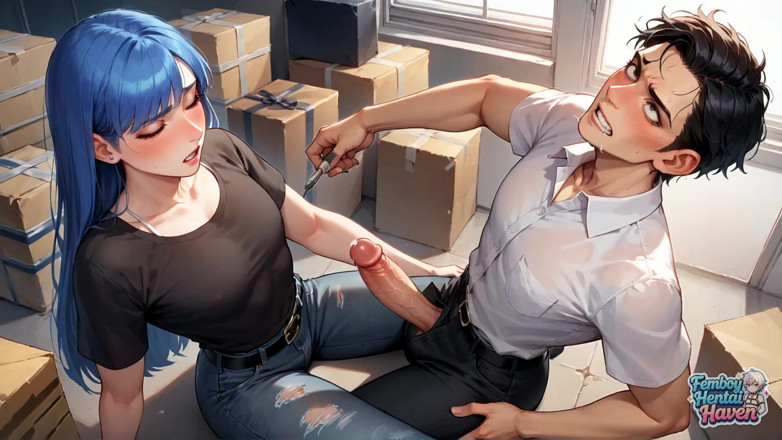 Femboy Hentai Haven: A Muscular, Blue-haired, Transvestite Femboy Knelt on a Sunlit Street,...