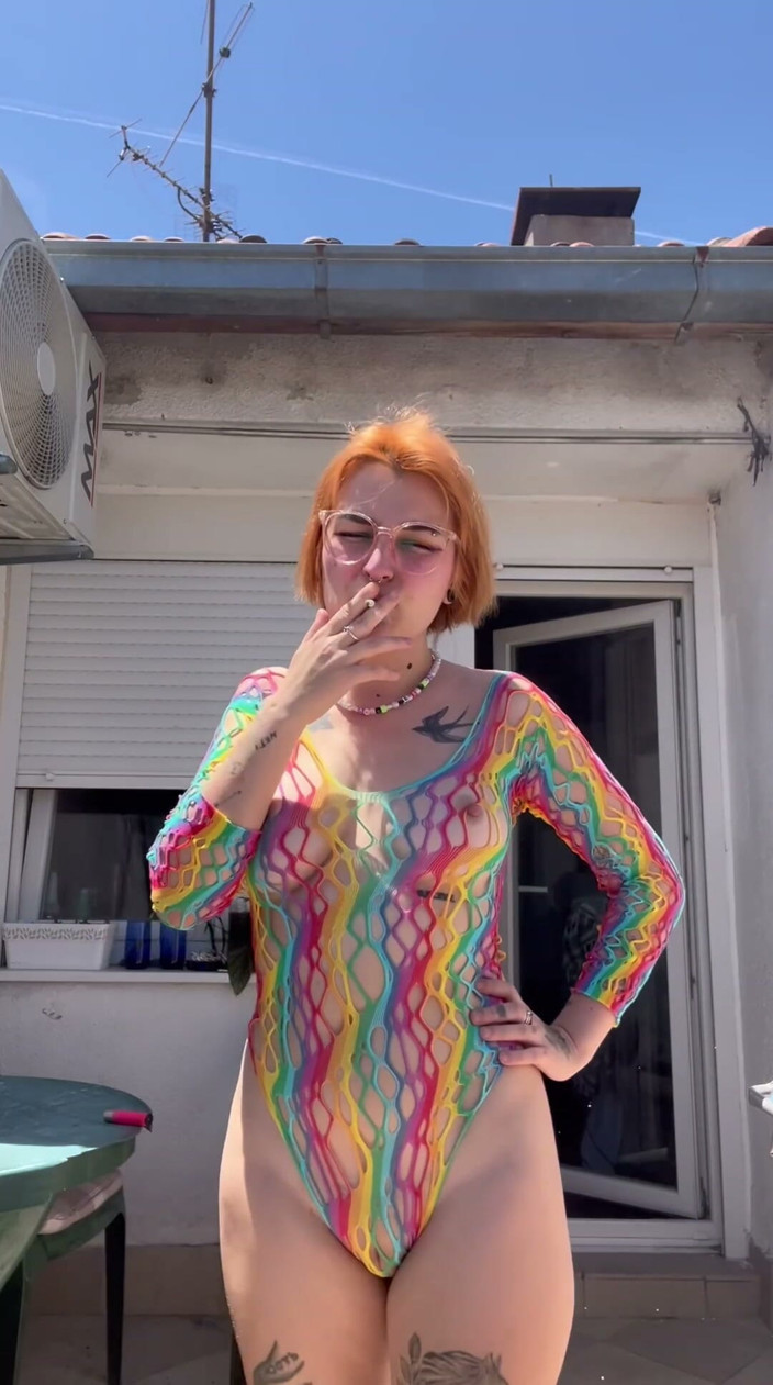 lanalovacutie: Smoking in a Rainbow Fishnet on the Balcony