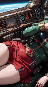 Dentro il treno fantascientifico, indossa una stretta armatura verde, tocca le sue labbra rosse mentre guarda la Galassia attraverso il foro.