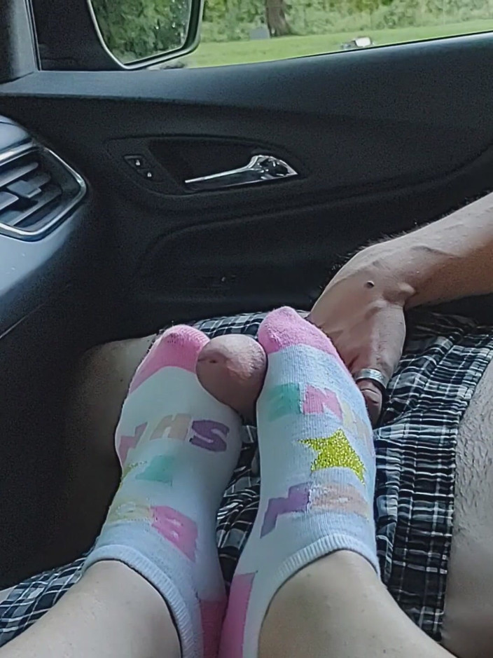 SocksAddict69: Public Footjob Sockjob with Girls Ankle Socks - Cum on Socks
