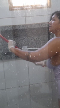 Bathroom Slut: My Sweaty Wife Shows off and Flashes Her Big Pussy While Cleaning!