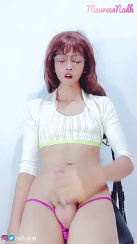 Asian Shemale Trap Solo Masturbation, Cum on Her Belly
