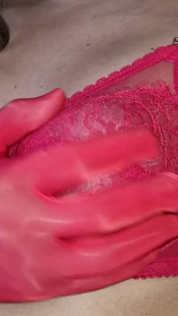 Sensual Red Lace Bra, Spandex Gloves, Caressing My Round and Firm Tits