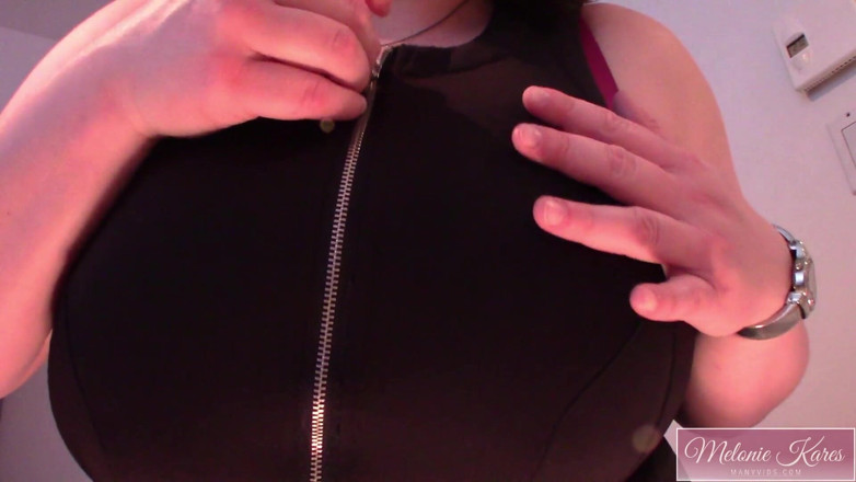 Melonie Kares: Huge boobs zipper dress tease