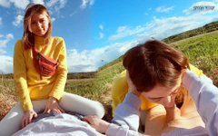 Oral creampie for young girl outdoors