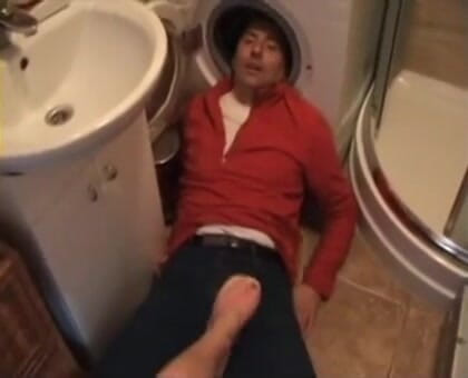 Foot Girls: Footjob wife makes him lay down in the bathroom