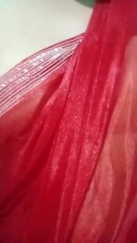 Indian Gay Crossdresser Bottom Gaurisissy Pressing Her Big Boobs and Feeling Horny in Red Saree with Heavy Jwellery