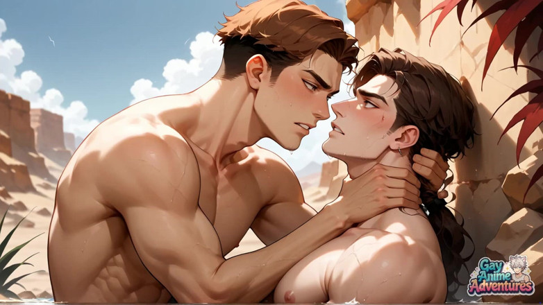Gay Anime Adventures: Un homosexual ejaculează în soarele din deșert cu un mușchi fermi!