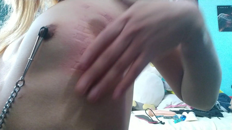 Crystal Phoenix: Nipple clamps on small titss