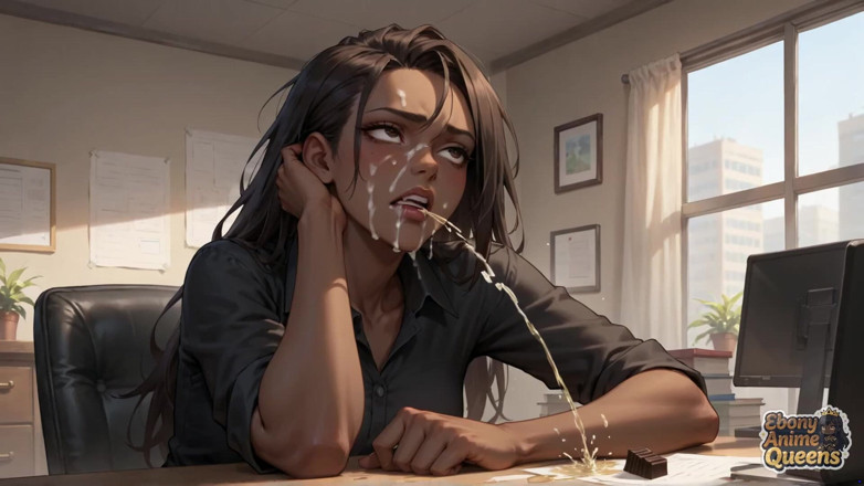 Ebony Anime Queens: The Bitchin' Business Babe Entices with Her Aroused, Drooling Stare...