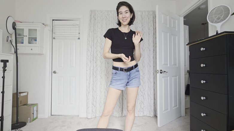 Ms_Emmy_Lynn: Skinny Fit Asian Outfit Sports Bra Thong Jean Shorts