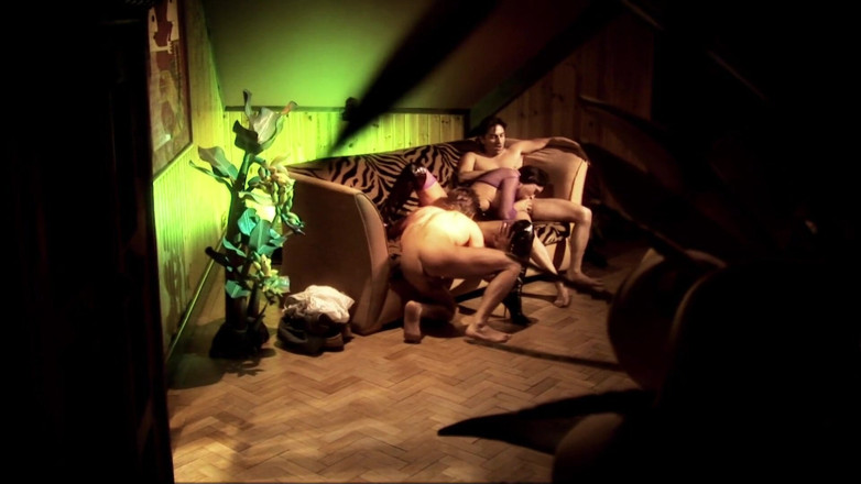 Hot Sex Party: Hot chick with purple fishnet gives head for two horny...