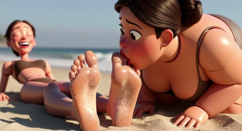 YOUR BEST FANTASY: Fat Woman Licking Sandy Feet of Skinny Girl - Beach Humiliation
