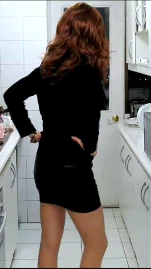 HectorChile1969: Crossdresser Fernanda Gomez Trying on Her Miniskirt in the Kitchen