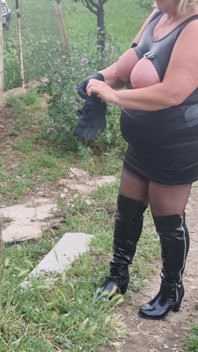 Set021 Walking Around with My Tits Out and Bound with Straps Putting on Black Gloves