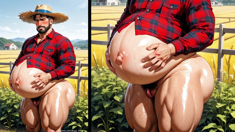 Trans-Men FTM Hentai: Sensual Photoshoot Featuring Pregnant Ftm Farmers Glistening with Oil in...