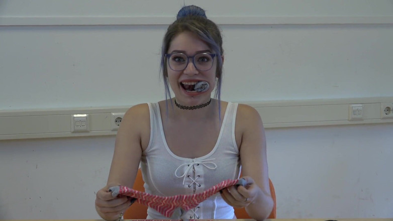 Restricting Ropes: Gagging herself with socks up close