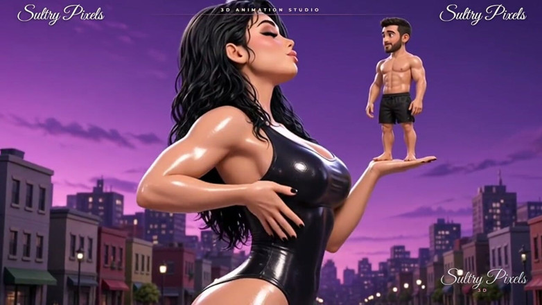 Sultry Pixels 3D: Oljad jätteinna i höga klackar tornar över en liten man - jätte...