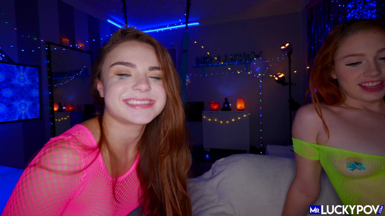 Mr.Lucky POV: Horny teen redhead and brunette sluts threesome cumswap