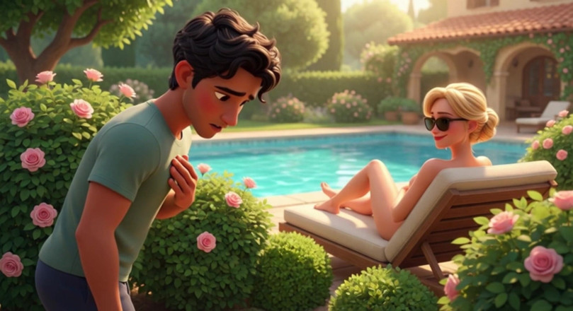 My night collection: Chef rubia elegante disfruta de la piscina con un joven...