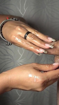 She Has Become a Real Expert at Giving Me Handjobs. View of Her Big Natural Tits, and Big Cumshot on Nails with Cum Dripping